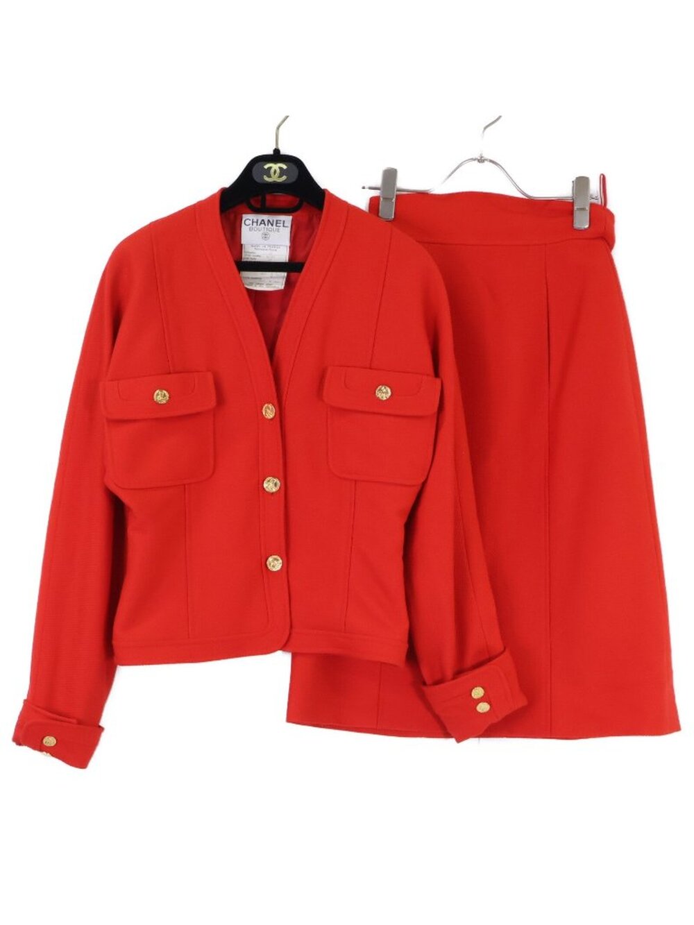 Chanel Wool Mademoiselle Button Collarless Jacket Skirt Set 36